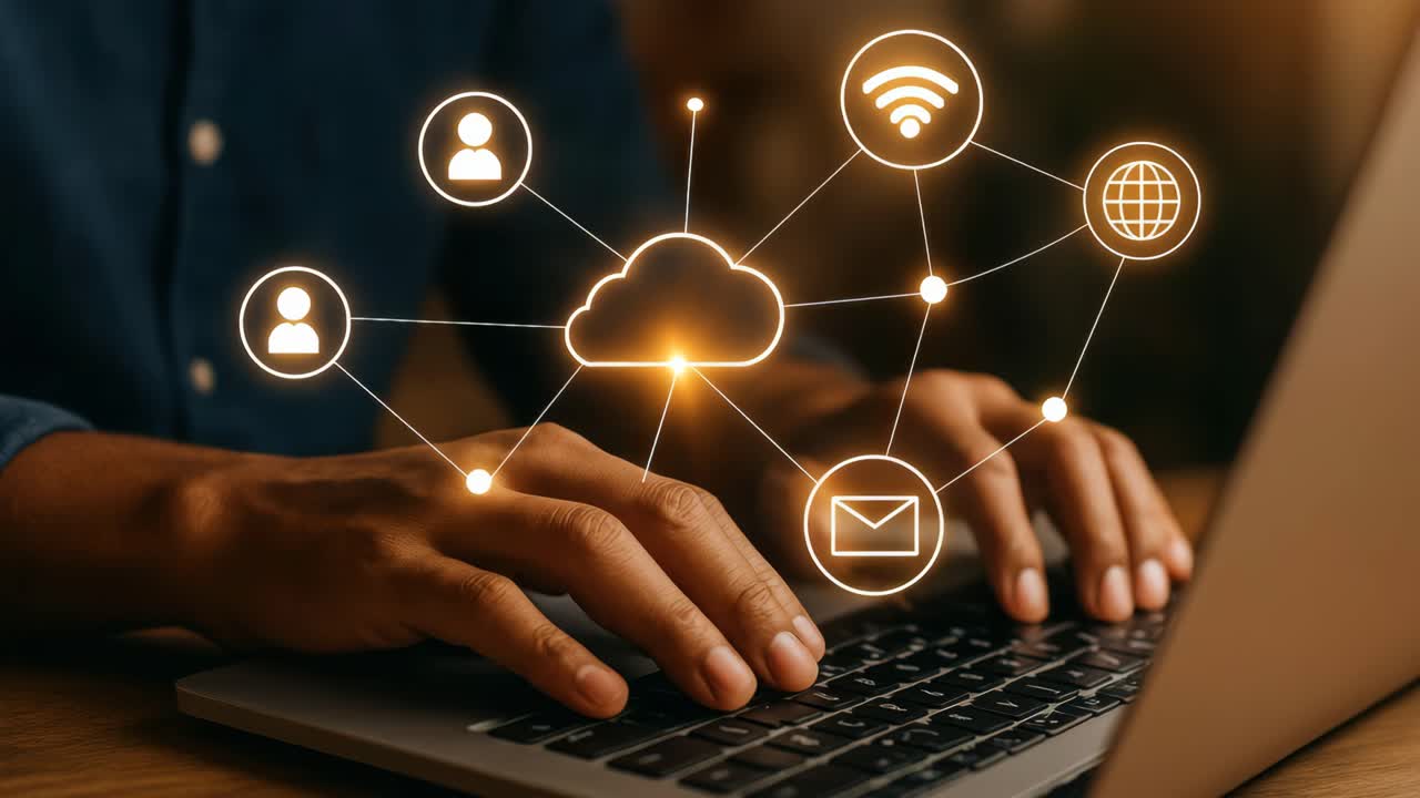 Close-up angle of hands typing on a laptop with glowing digital icons, illustrating cloud computing