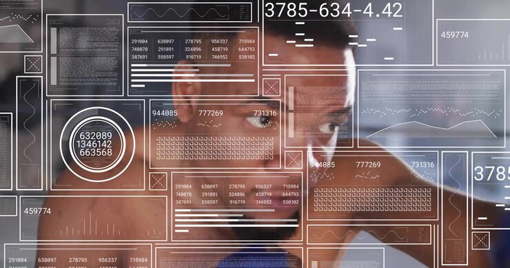 Digital data panels animating over frame, boxer taking stance throwing combos for sports analytics