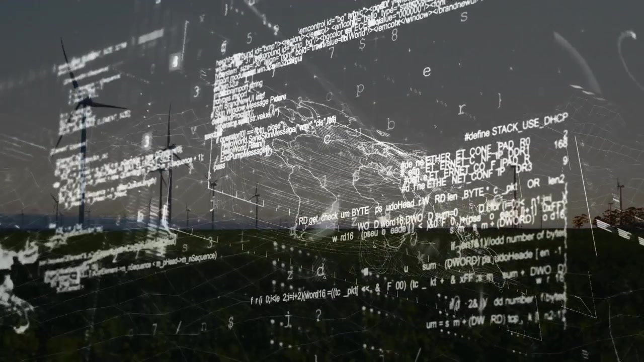 Flat design showing floating code blocks above wind turbines, highlighting wireframe data flows
