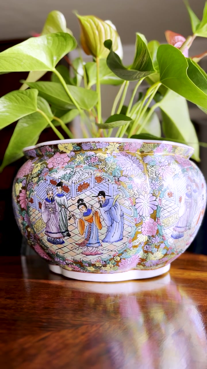 Pot plant on wooden desk with colorful Asian design. Vertical pullback reveal