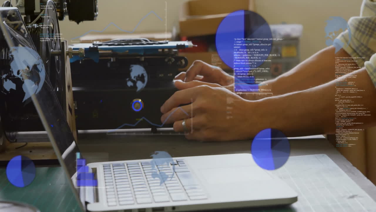 animación del procesamiento de datos financieros sobre mecánico masculino biracial que trabaja en el taller