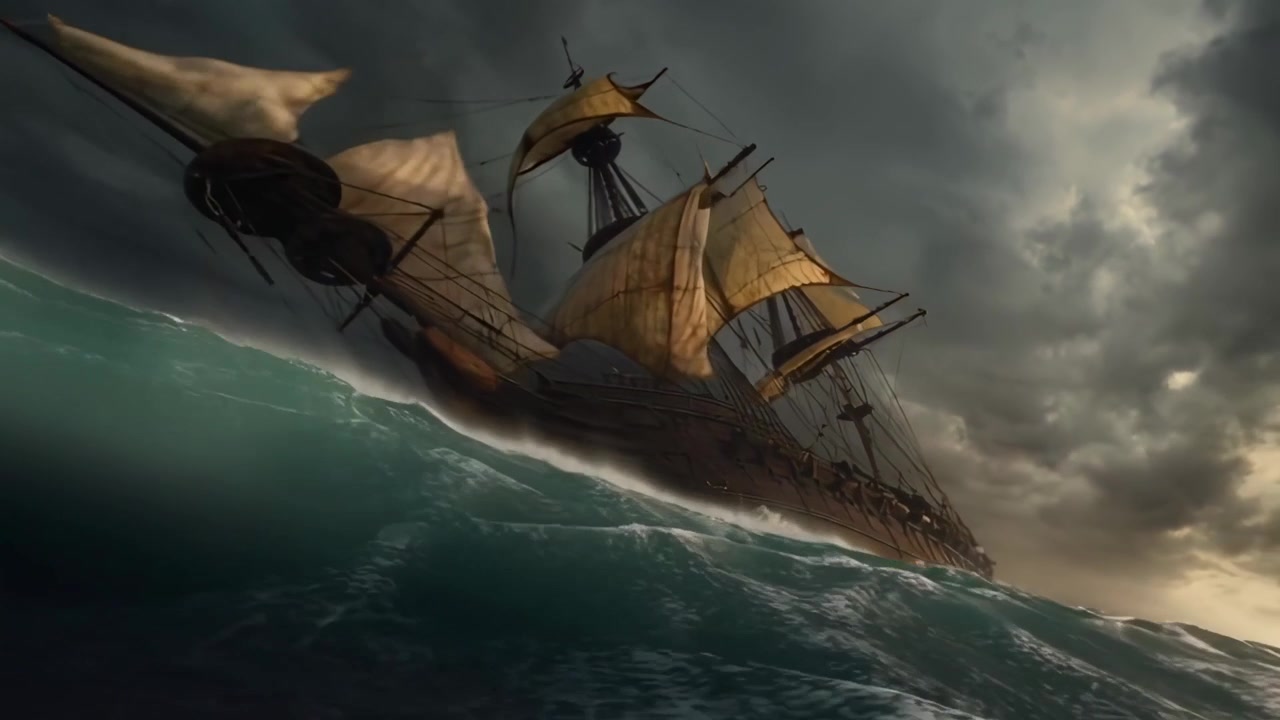 Ancien voilier naviguant à travers un océan orageux