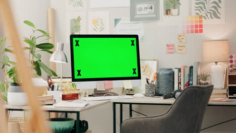 cozy home office workspace with green screen monitor