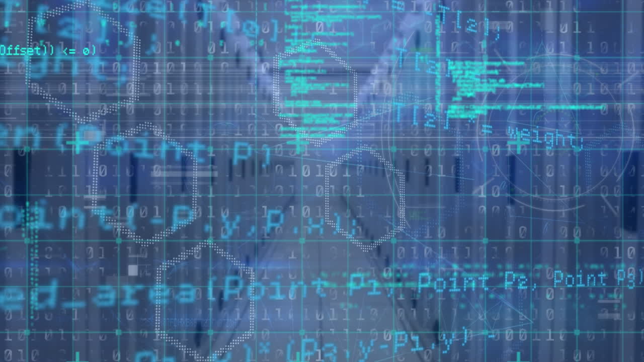 Animation of data processing and hexagonal shapes against computer server room
