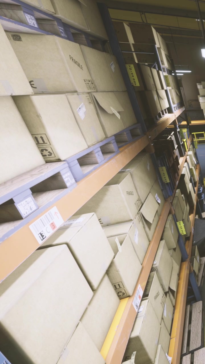 Storage area contains many boxes arranged on high shelves for easy access