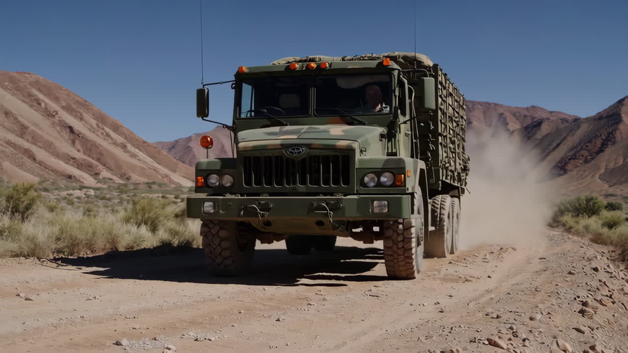 Military Truck Driving on a Desert Road
