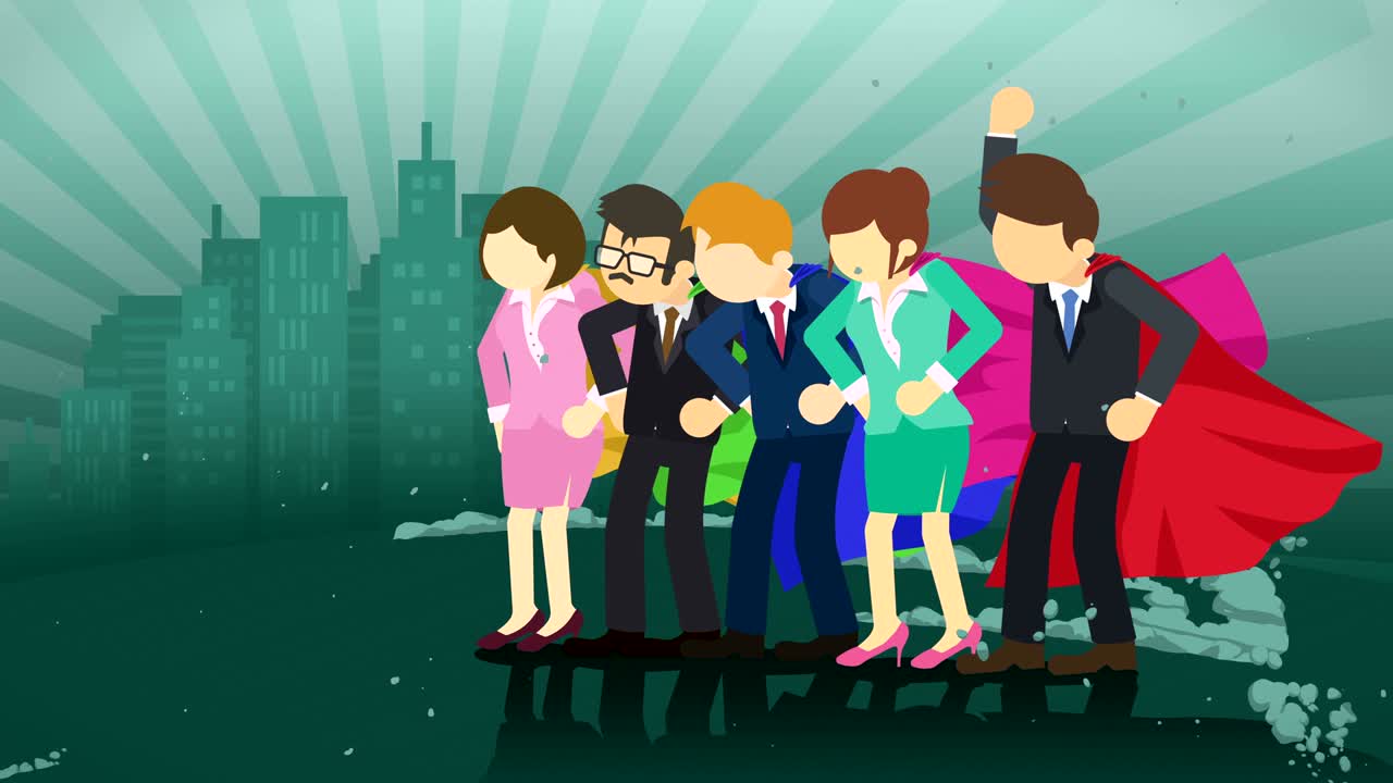 도시 배경에 서있는 슈퍼 히어로, 먼지 구름 근처, 비즈니스 팀 상징, 팀워크 및 성취 개념, 만화 루프 애니메이션.