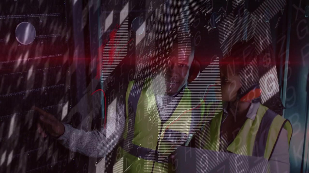 Sensor alerting lead tech pointing to unit while tech noting tablet data overlay guiding site check