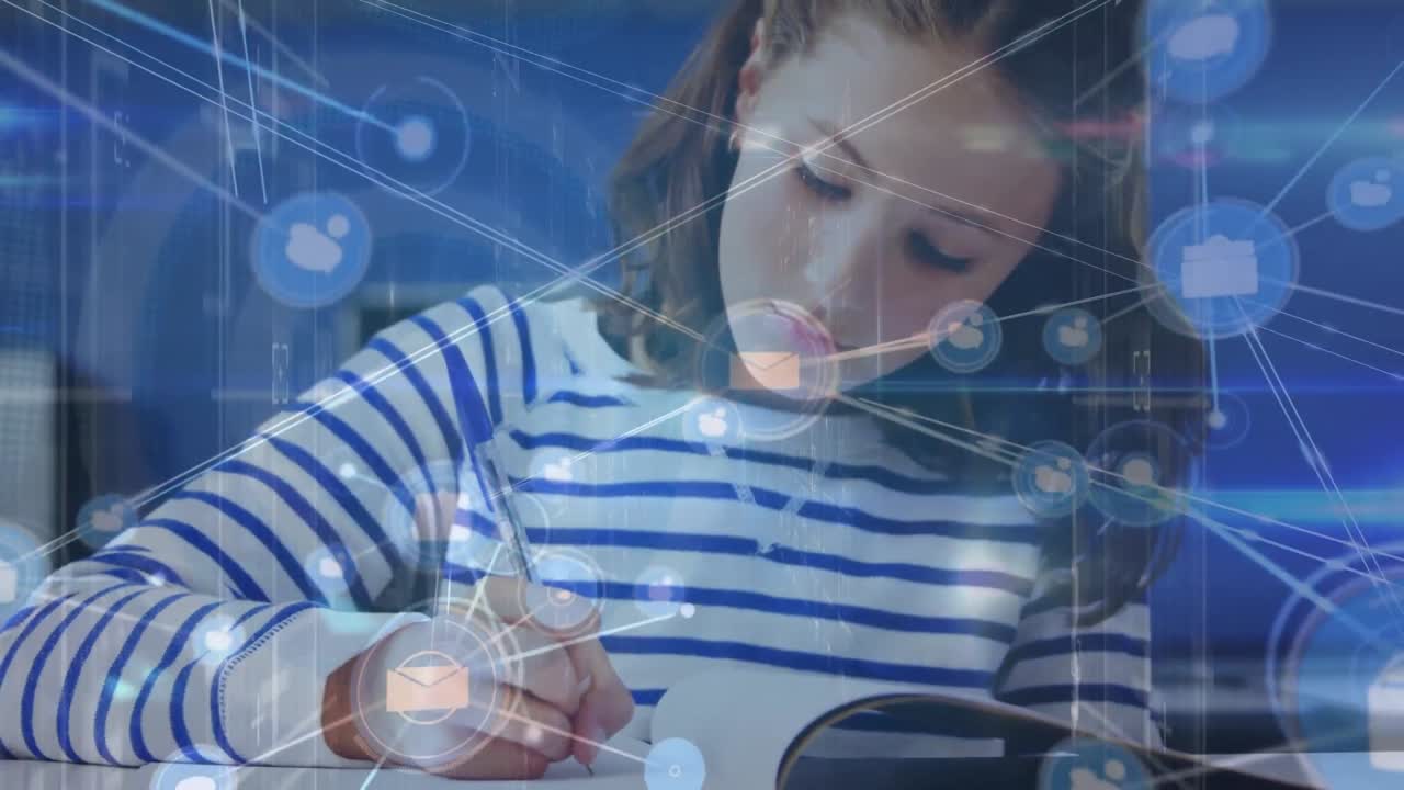 animación de la red de conexiones con iconos sobre el estudiante caucásico