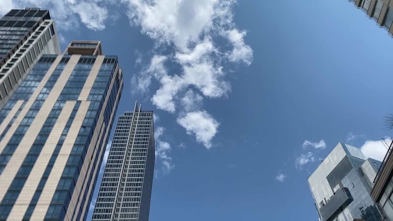 New York City Skyscrapers buildings pan at daylight low angle POV