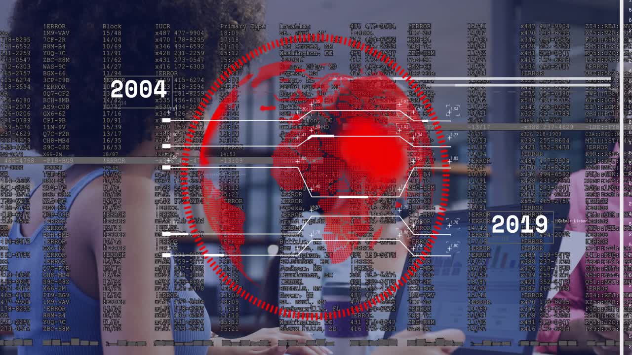 business data animation initiating globe graphics and timeline updates as team working on analysis
