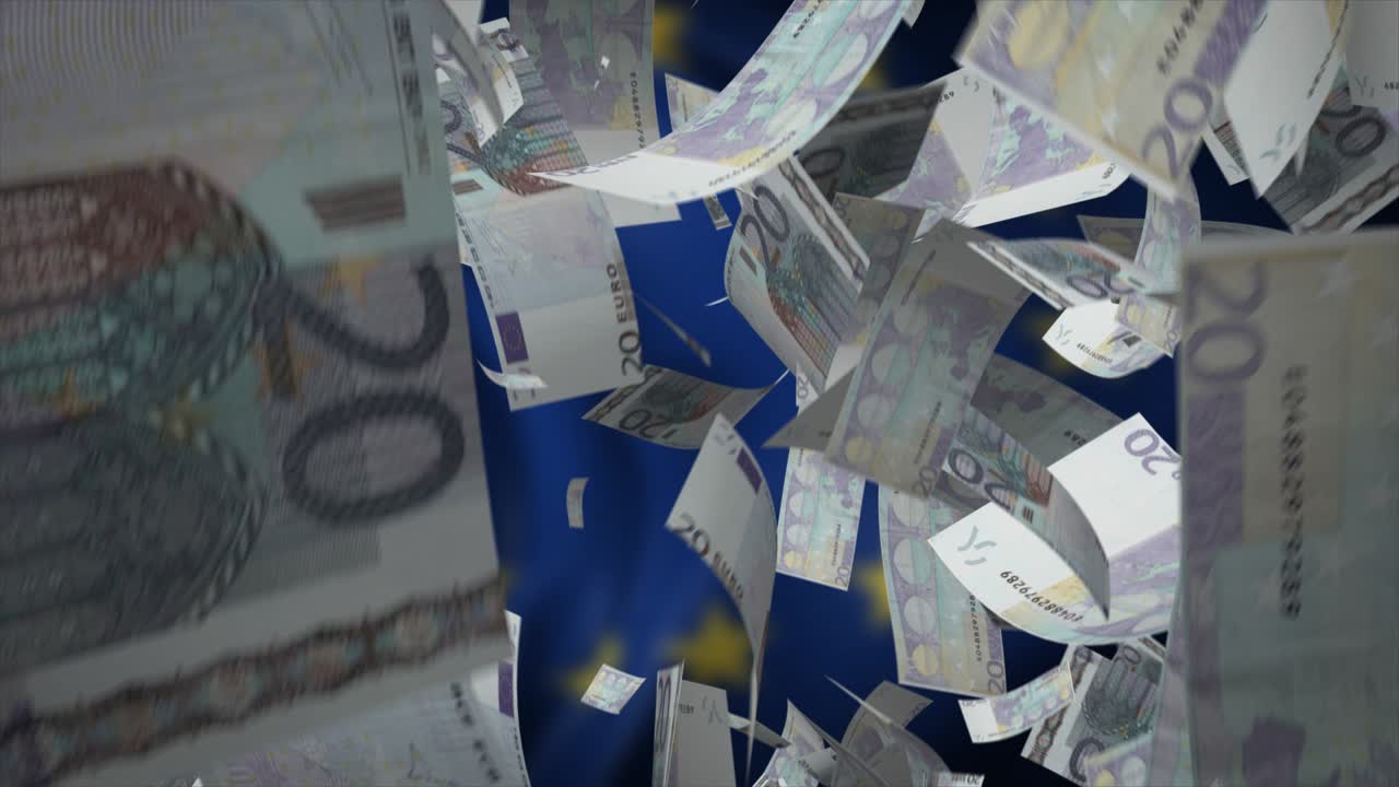 Euro 20 banknotes falling against European Flag