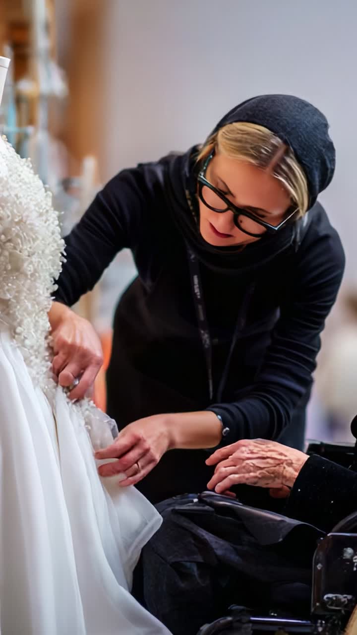 Dedicated Artisan Adjusting Wedding Dress for Client, Showcasing Custom Tailoring Skills in a Studio Setting with Focused Attention on Details and Craftsmanship