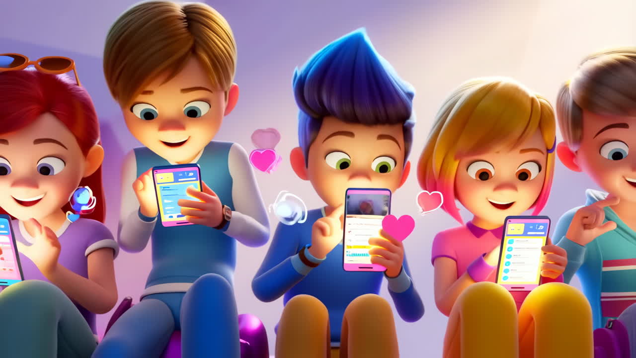 Animated Children Engaged with Smartphones and Social Media