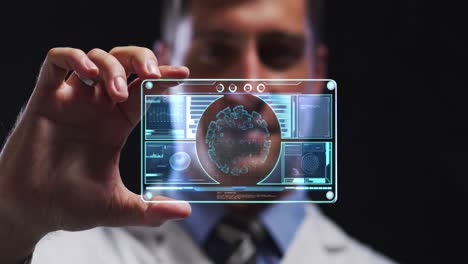 Animation-of-male-scientist-holding-digital-screen-with-covid-19-cell