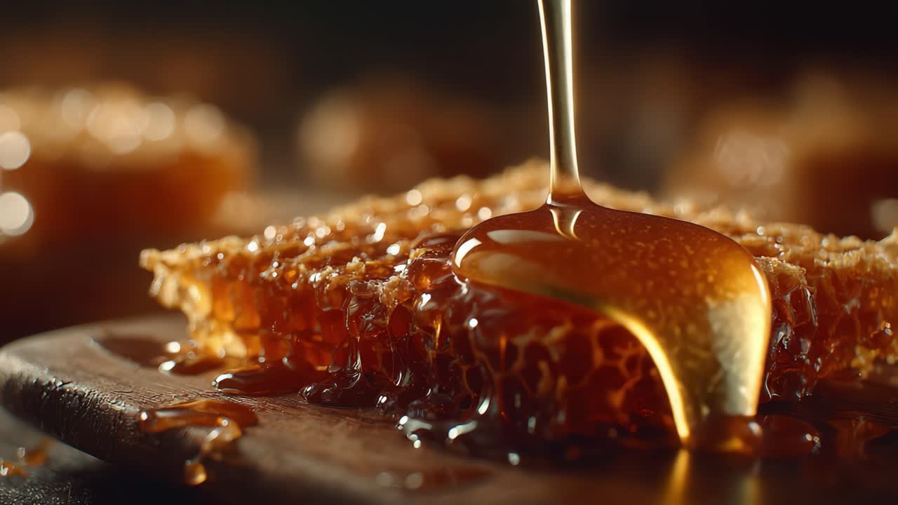 Close-up de Delicioso Mel Escorrendo de um Favo de Mel, Capturando a Textura Viscosa e o Tom Dourado em uma Cena Exuberante e Visualmente Atraente