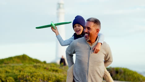 Senior-man,-child-and-beach-with-plane