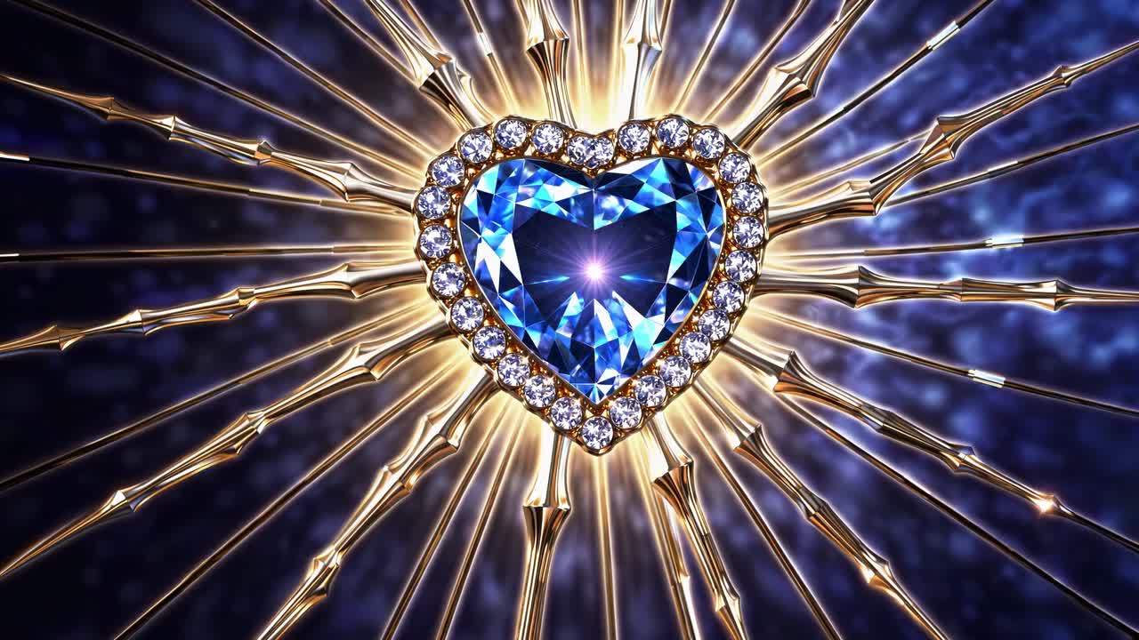Luminescent golden rays emanating from heart shaped blue sapphire, symbolizing deep love and luxurious elegance against sparkling dark background