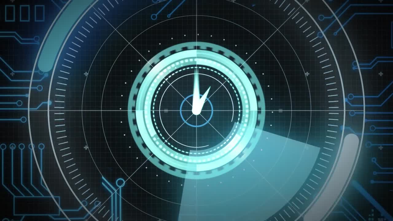animación del procesamiento de datos con escaneo de alcance con reloj sobre fondo negro