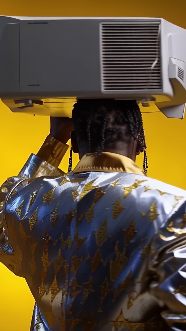 Un individuo alla moda presenta in modo creativo una televisione retrò come copricapo, fondendo tecnologia vintage con la moda moderna in un ambiente giallo vibrante.