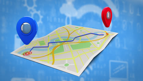 animation of map with location pins over digital icons on blue background