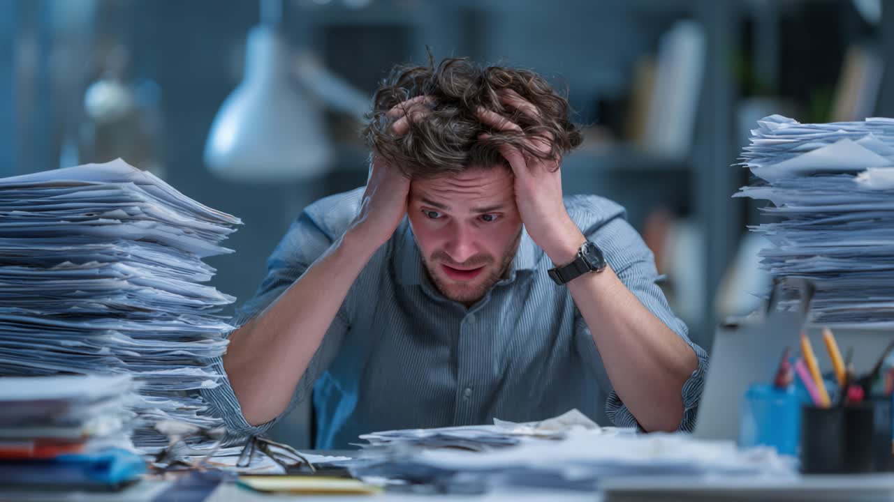 A Frustrated Young Professional Struggles with Overwhelming Paperwork and Stress at a Cluttered Desk, Highlighting the Challenges of Modern Work Environments