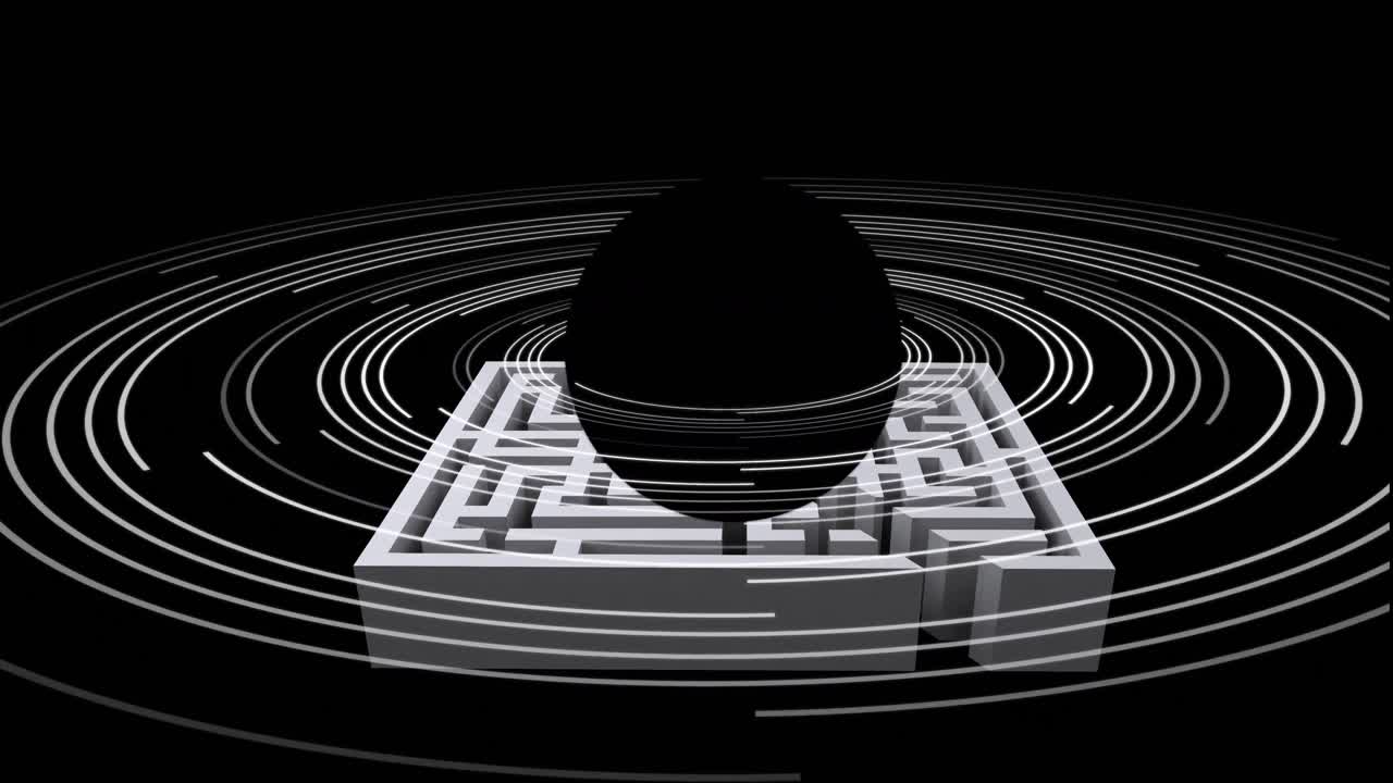 animación de un globo giratorio sobre un patrón de laberinto sobre un fondo gris