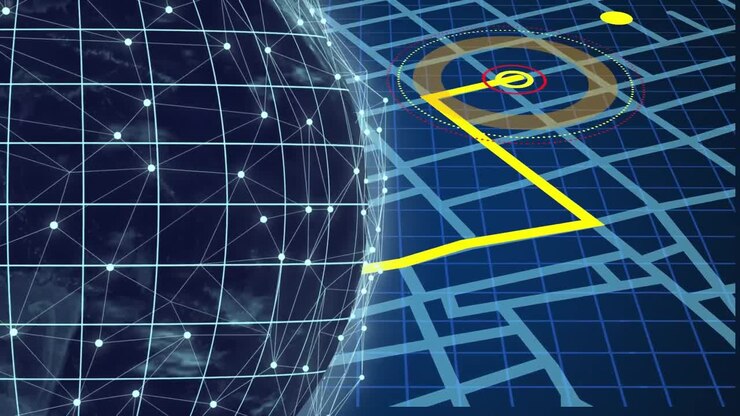 Animation of network of connections and light trails over spinning globe against navigation lines