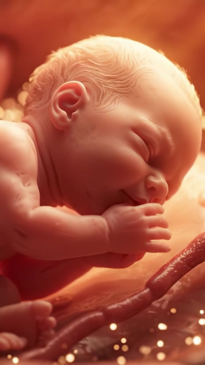 Un momento sereno di un neonato avvolto da una luce soffusa, che cattura l'innocenza e la purezza della vita nascente in un'atmosfera calda e sognante.