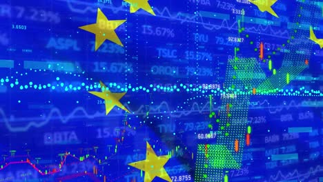 animation of financial data processing over flag of european union