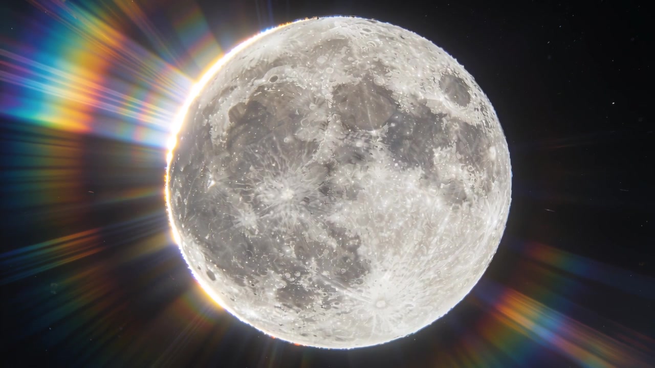 Câmera começando a capturar a Lua cheia mostrando anéis de difração em movimento contra um céu noturno claro.
