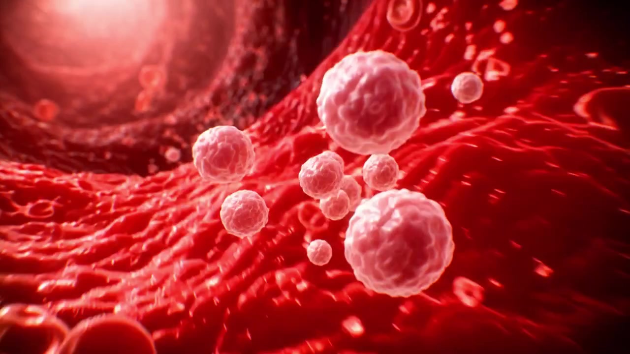 Microscopic View of White Blood Cells Flowing Through a Vein