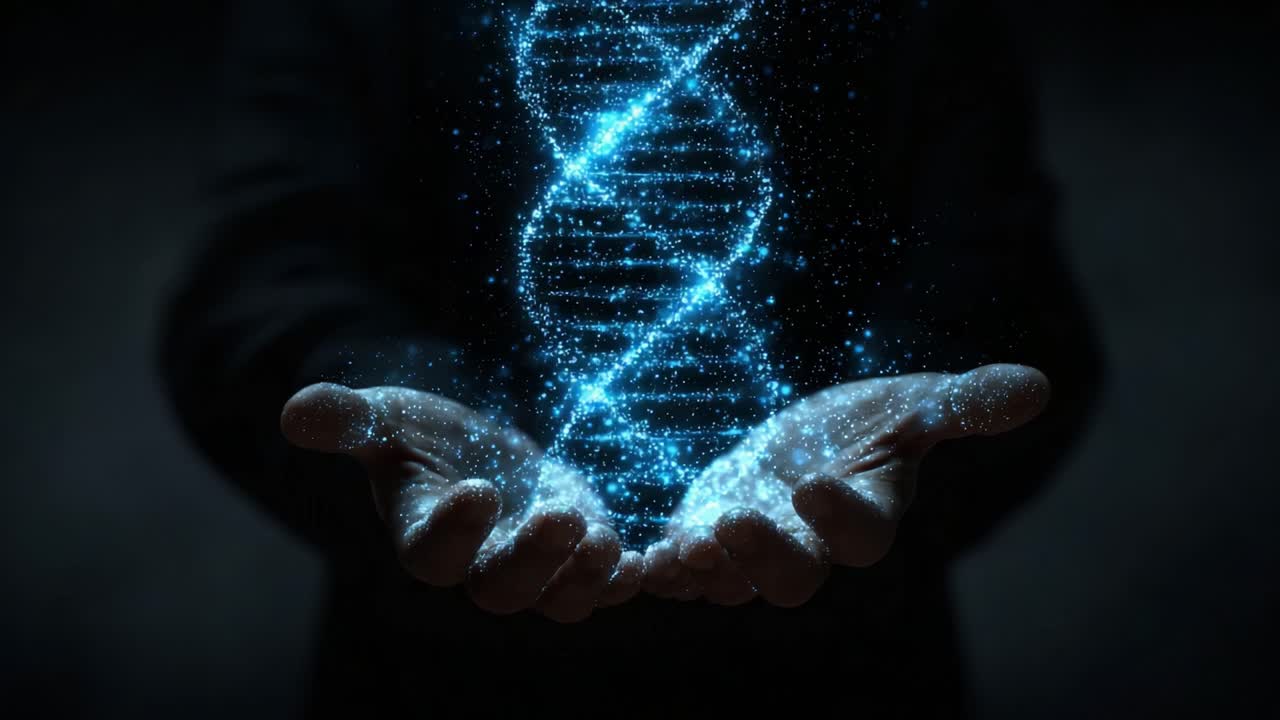 A Stunning Visual of DNA Strand Illuminated with Sparkling Light, Representing the Essence of Life and Genetic Innovation in the Hands of Science