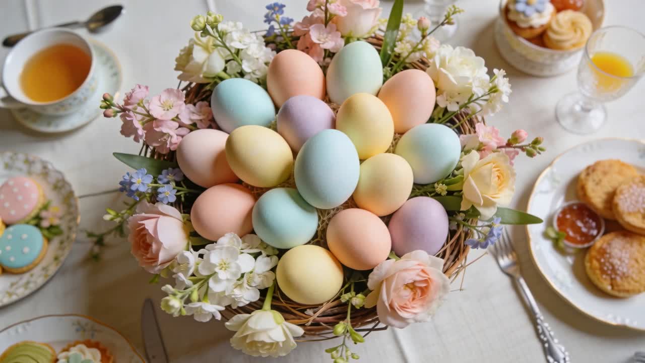 Panning overhead camera pulling clockwise across home table, revealing woven nest with pastel eggs