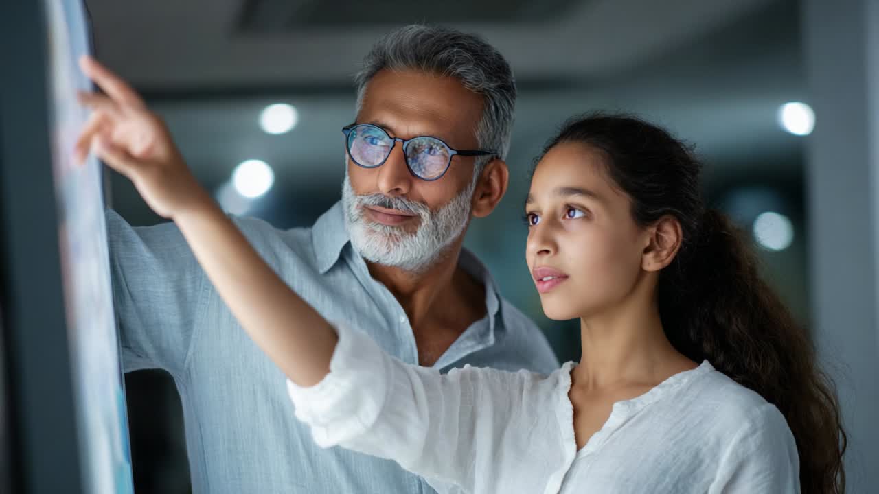 A thoughtful interaction between an older man and a young woman, both engaged in a discussion as they explore visual content, highlighting knowledge sharing and the bond across generations in a modern setting