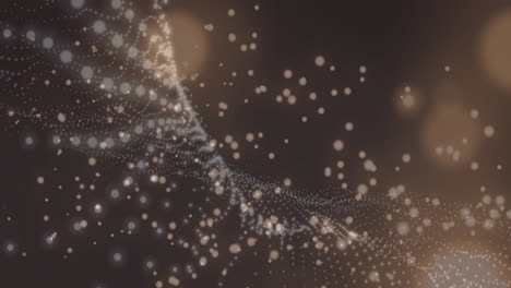 animation of glowing white particle network wave and bokeh light spots on dark background