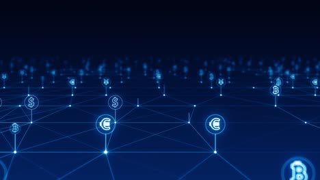 gráfico de movimiento de azul icono de dinero digital y línea vinculada conexión de red tecnología futurista concepto de fondo abstracto cámara zoom video de bucle sin costuras
