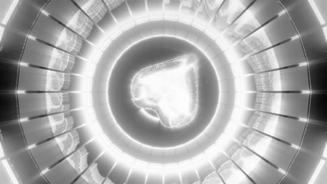 corazón brillante girando en círculos de apertura, animación gráfica en 3d en blanco y negro