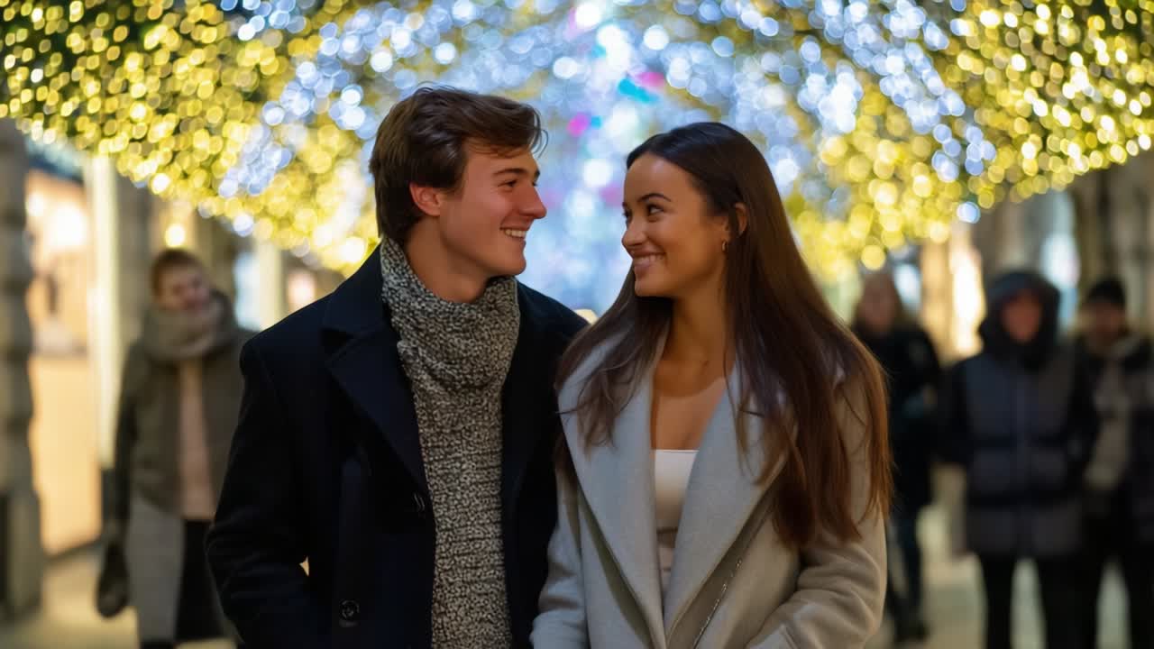 A Romantic Evening Stroll Under Twinkling Lights: A Young Couple Enjoys a Beautiful Night Walk Through an Enchanting Alley Adorned with Sparkling Holiday Decorations and Joyful Atmosphere Together