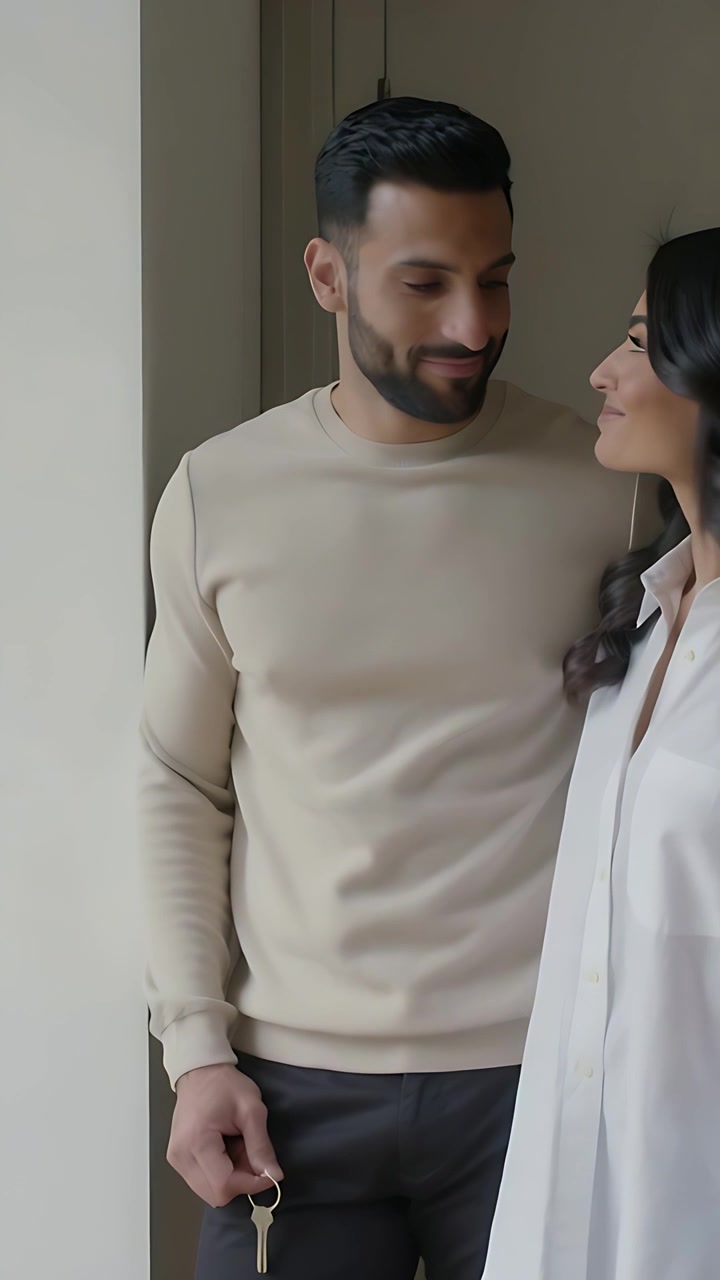 Video verticale: Coppia che ispeziona l'ingresso dalla finestra mentre un uomo con un maglione color cammello tiene le chiavi, decidendo di trasferirsi