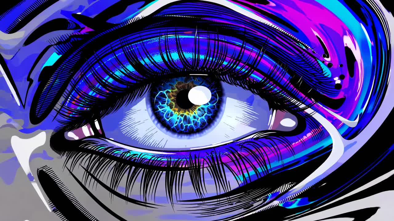 Close-up of a vibrant, digital eye illustration with swirling colors, resembling a video game
