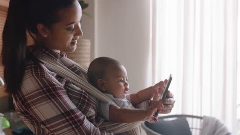 young mother and baby having video chat with best friend using smartphone waving at toddler happy mom enjoying sharing motherhood lifestyle