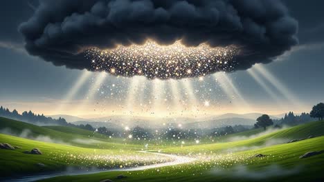 a mysterious cloud burst over a serene landscape with shimmering light beams casting a magical glow on lush green fields and winding river below