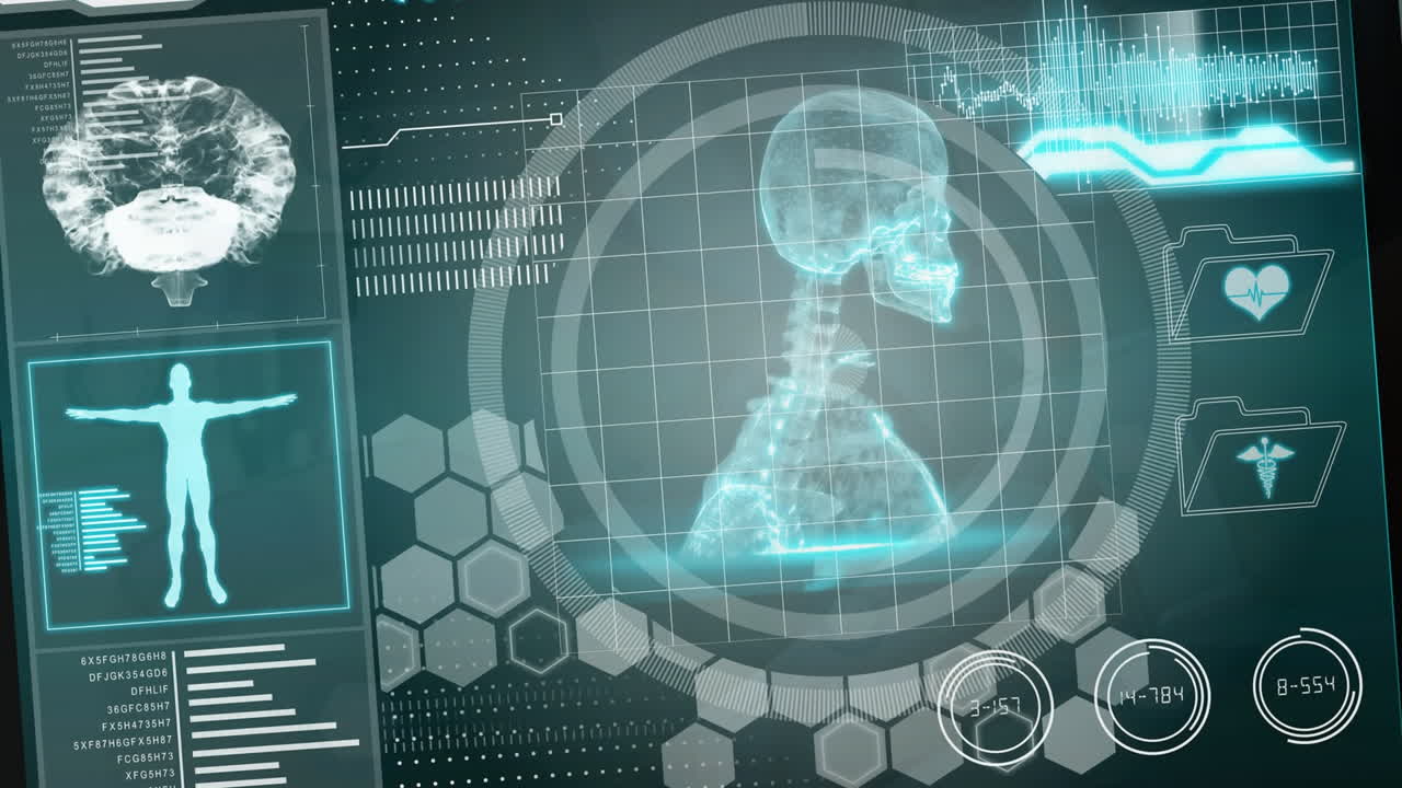 Animation of biological data and network of connections over caucasian woman using smartwatch