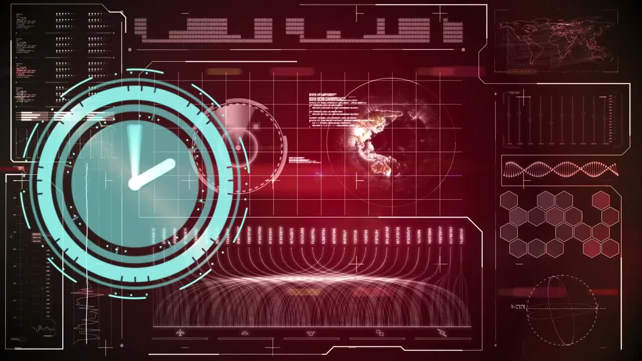 Animation of digital interface with clock over red background