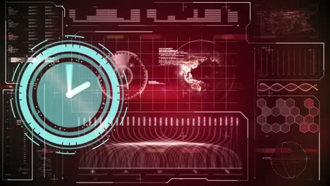 animación de la interfaz digital con reloj sobre fondo rojo