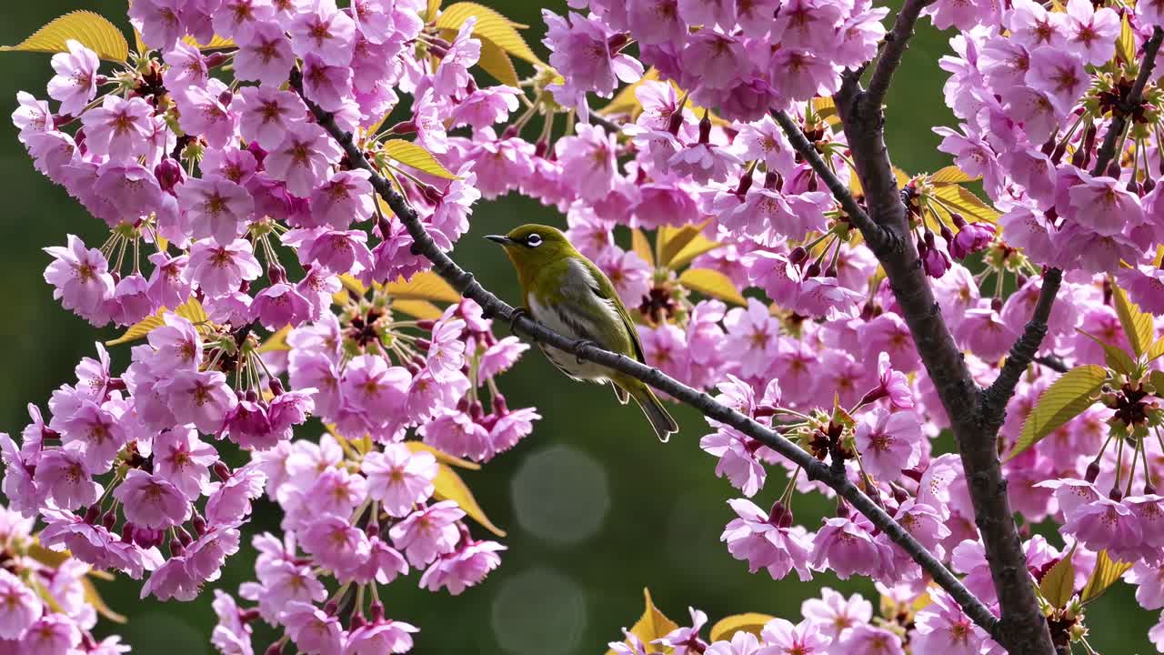 A vibrant video captures a bird nestled among cherry blossoms. Shot from a low angle, the scene