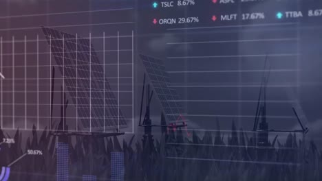 Animation-Mehrerer-Diagramme-Und-Eines-Handelsbretts-über-Einer-Nahaufnahme-Von-Gras-Vor-Sonnenkollektoren