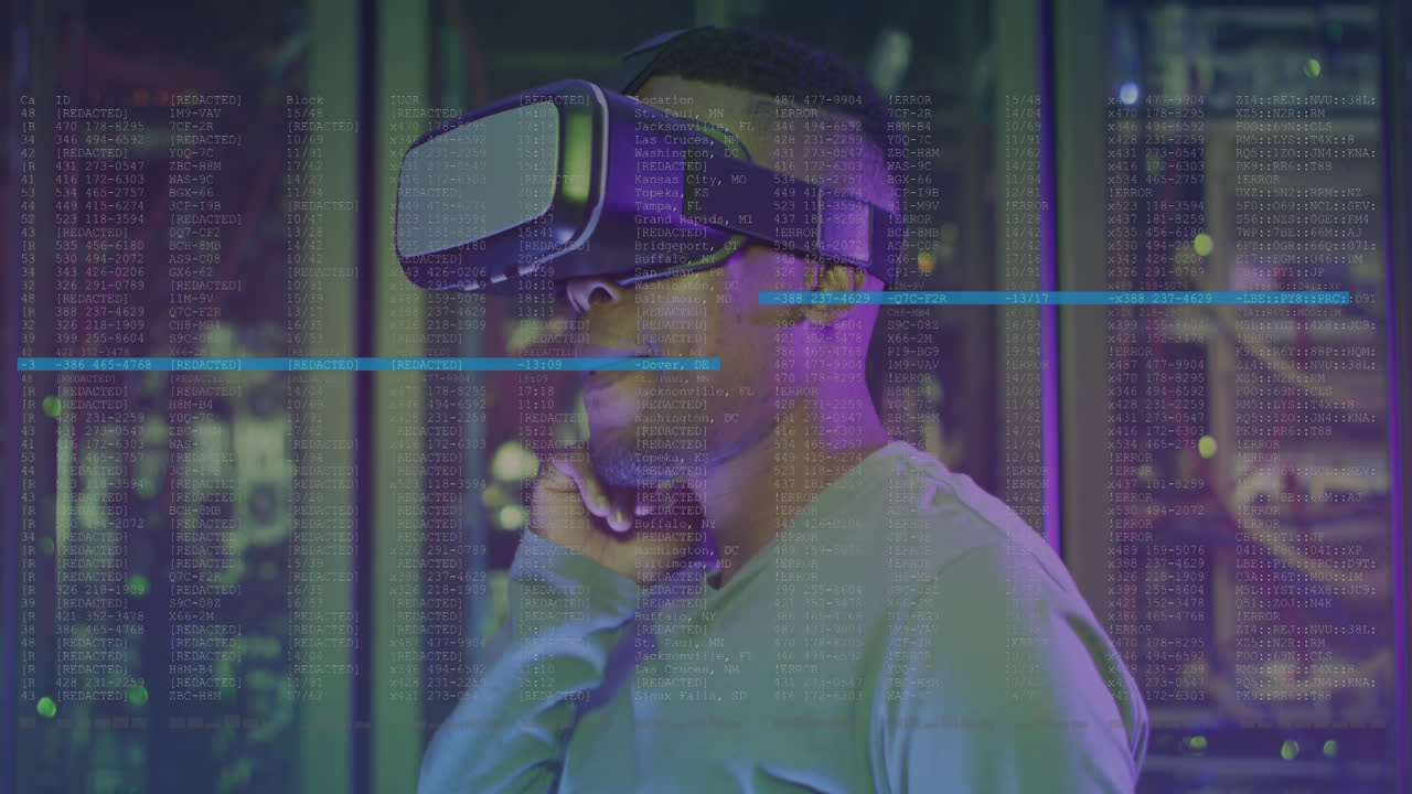 Animation of data processing over african american male worker with vr headset in server room