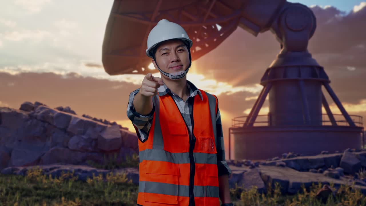 Asian Male Engineer With Safety Helmet Smiling And Touching His Chest Then Pointing At You While Standing With Large Satellite Dish